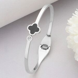 Black & Silver Metal Quatrefoil Clover Tip Bracelet Bangle Hinged Steel